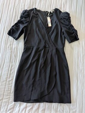 Lavender Brown Black Puff-Sleeve Wrap Mini Dress